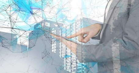 Poster - Animation of network of connections over businessman using tablet and cityscape in background
