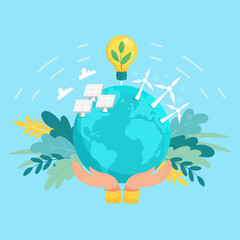 Alternative Clean Energy Concept with Wind Turbines and Solar Panels. Renewable Power Sources with Windmills. Save energy and the planet. Vector flat illustration