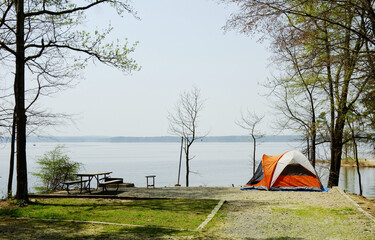 a tent at a waterfront campsite of jordan lake state park campground near raleigh north carolina