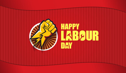 Happy labour day vector label with strong orange fist isolated on red horizontal background. vector happy labor day background or horizontal banner with man hand. red workers may day poster