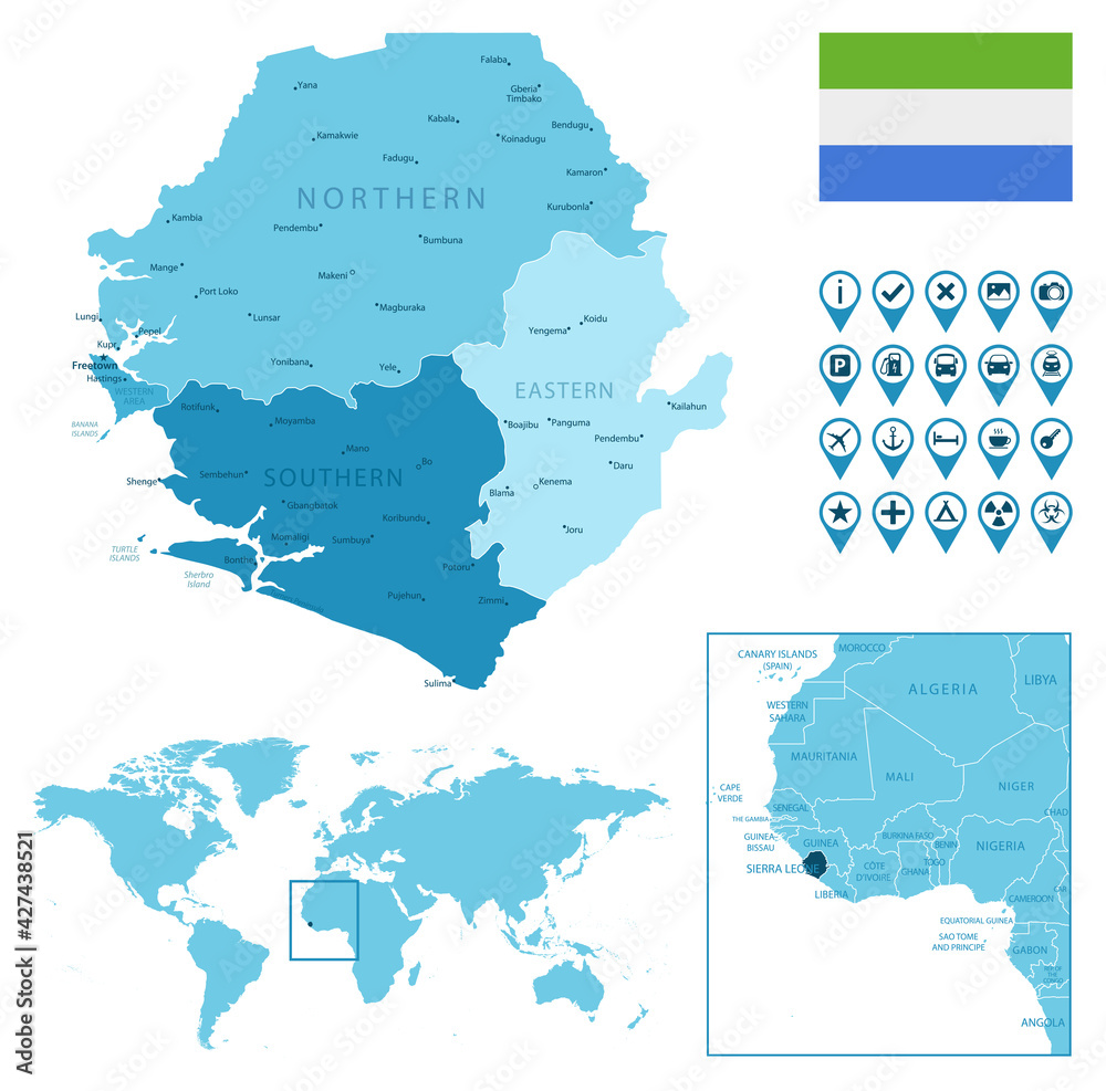 Sierra Leone detailed administrative blue map with country flag and ...