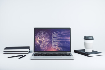 Poster - Creative code skull hologram on modern computer monitor, cybercrime and hacking concept. 3D Rendering