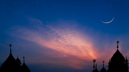 Wall Mural - mosques dome on dark blue twilight sky and crescent moon on background, symbol islamic religion rama
