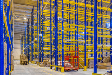 Wall Mural - Interior of a modern warehouse storage with empty rows and high blue yellow steel shelves