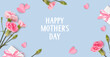 Happy Mothers day. Holiday design template with realistic pink carnation flowers, gift box and paper hearts on blue background. Spring banner. Vector stock illustration.