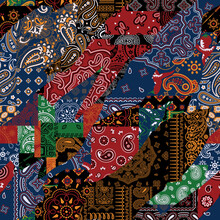 Bandana Kerchief Fabric Paisley Fabric Patchwork Abstract Vector Seamless Pattern 