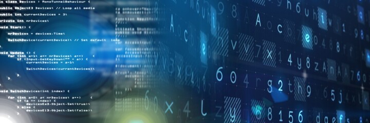 computer code processing over blue background, technology, programming, and computer coding concept