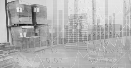 Poster - Financial data and statistics processing over warehouse background, finance and delivery concept