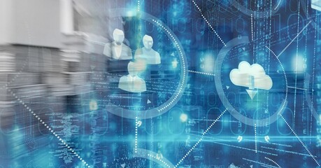 Poster - Profiles and cloud storage icons, data processing, over warehouse, technology and delivery concept
