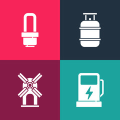 Poster - Set pop art Electric car charging station, Wind turbine, Propane gas tank and LED light bulb icon. Vector