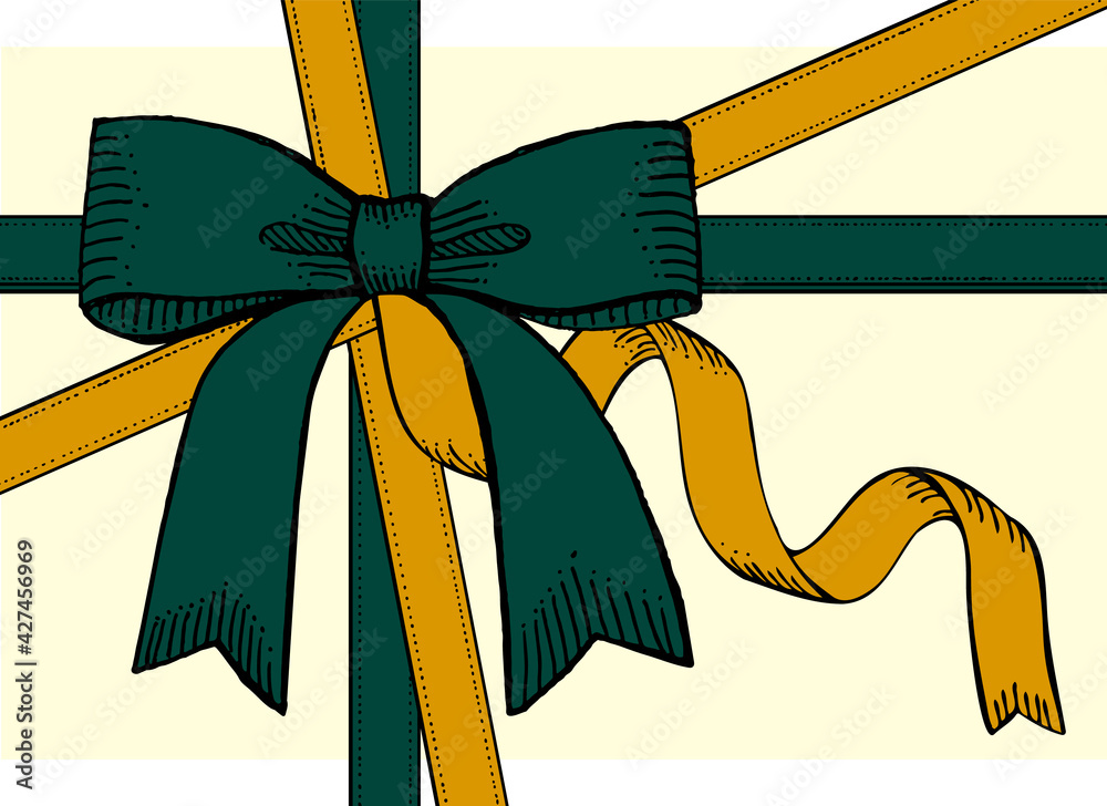 緑色と黄色のリボンのイラスト レトロな手描きイラスト アンティーク調 可愛いラッピング Koty Obrazy Na Plotnie Ecowall24 Pl