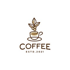 coffee line outline logo with mug or cup also coffee bean and leaf hipster logo icon design for cafe , restaurant cafetaria illustration