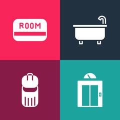 Poster - Set pop art Lift, Trash can, Bathtub and Hotel key card icon. Vector