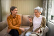 © shurkin_son - People, friendship, togetherness and relationships concept. Portrait of joyful senior woman having guest for dinner, sitting on comfortable couch, talking to stylish woman with short gray hair