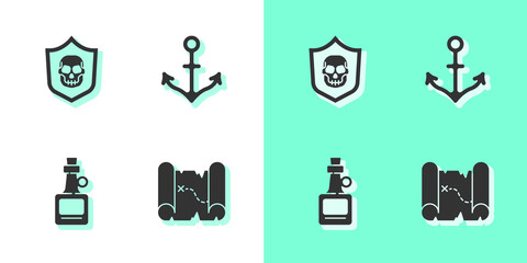 Wall Mural - Set Pirate treasure map, Shield with pirate skull, Alcohol drink Rum and Anchor icon. Vector