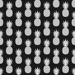 Wall Mural - pineapple seamless pattern. white tropical fruits textile texture on black background. food print, f