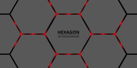 Wall Mural - Hexagonal abstract background. Red bright light flashes under the hexagon. Red highlights under the gray honeycomb texture.