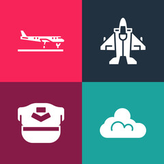 Sticker - Set pop art Cloud weather, Pilot hat, Jet fighter and Plane icon. Vector