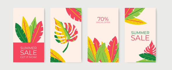 Poster - Geometric square summer frame with exotic flowers and palm leaf. Suit for post dan stories social media template. Vector illustration for summer and holiday design