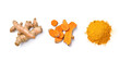 Flat lay (top view) of Turmeric (curcumin) powder with rhizome and slices on white background.