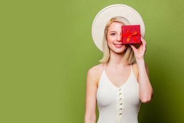 Sticker - Beautiful blonde woman with red gift box