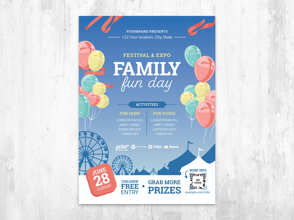 family-fun-day-poster-flyer-with-balloons-and-fairground-illustration-stock-template-adobe-stock