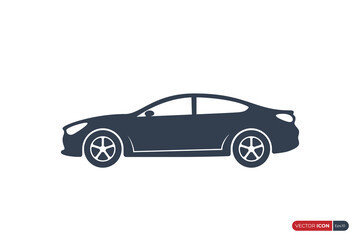 Poster - Car Icon with Racing Wheels. Sport Car Silhouette Side View isolated on White Background. Usable for Automobile Logo. Flat Vector Illustration Design Template Element.