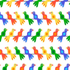 Wall Mural - Cute birds seamless vector pattern. Colorful repeating animal background for kids. Blue red yellow green birds sitting on a rope. Fun kids surface pattern design for fabric, wallpaper, nursery, decor.