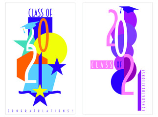 A set of abstract vector illustrations of Class of 2021 in geometric shapes with stars on an isolated white background