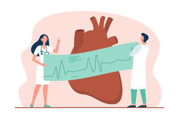 Wall Mural - Cardiologists with ECG graph examining heart. Medical checkup flat vector illustration. Cardiology, healthcare, heart disease, medicine concept for banner, website design or landing web page