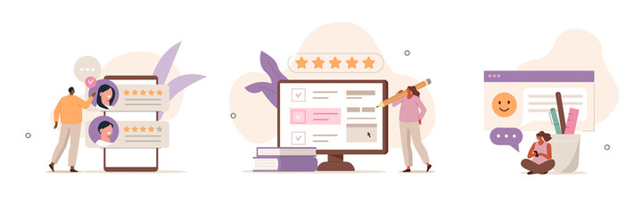 Wall Mural - various online survey and rating icons. characters filling survey form, giving five star feedback an