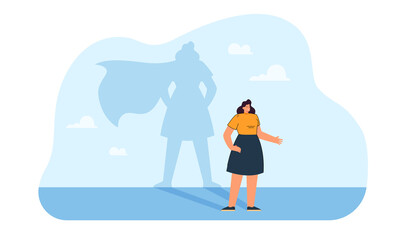 Fototapete - happy brave woman with super hero shadow. strong successful female leader flat vector illustration. 