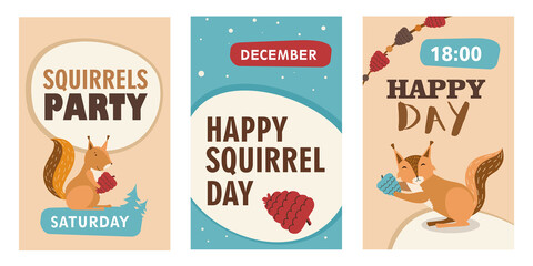 Wall Mural - Stylish invitation designs with happy cartoon squirrel character. Party invitations with cute orange mammal holding nut. Wildlife, nature concept for invitation card or postcard