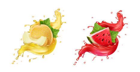 Melon in yellow juice splash, watermelon in red splash realistic vector icon