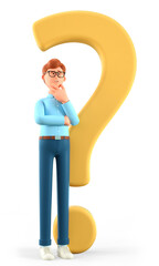 3D illustration of thinking man standing with a huge question mark. Cartoon pensive businessman solving problems, feeling concerned puzzled lost in thoughts. Searching and finding a solution.