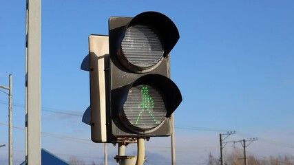 Poster - traffic lights with a permitting green signal on the railway