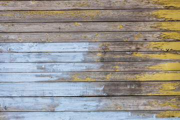 Aufkleber - wooden wall with horizontal planks with old blue and yellow paint