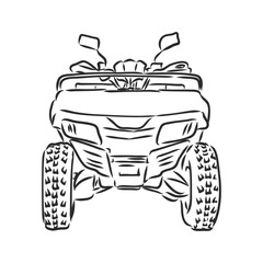 Wall Mural - Hand drawn sketch of quad bike in black isolated on white background. Detailed vintage etching style drawing. atv vector sketch on white background