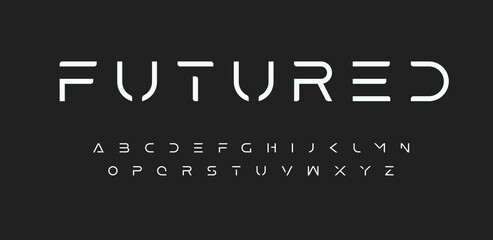 Wall Mural - Modern Futured alphabet. Cutting-Edge sci-fi, space, futuristic font. Minimalist modular style letters for logo, headline, monogram, poster, music or movie cover. Vector future typographic design