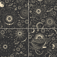 Wall Mural - Vector illustration set of moon phases. Different stages of moonlight activity in vintage engraving style. Zodiac Signs, shining crystals, female hand