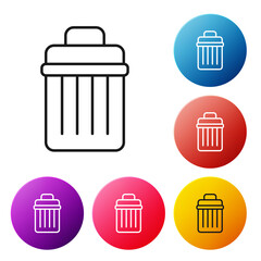 Poster - Black line Trash can icon isolated on white background. Garbage bin sign. Recycle basket icon. Office trash icon. Set icons colorful circle buttons. Vector Illustration