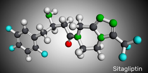 Sticker - Sitagliptin anti-diabetic medication drug molecule. It is trifluorobenzene  and triazolopyrazine with hypoglycemic activity. Molecular model. 3D rendering