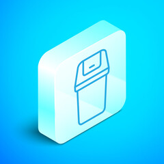 Wall Mural - Isometric line Trash can icon isolated on blue background. Garbage bin sign. Recycle basket icon. Office trash icon. Silver square button. Vector