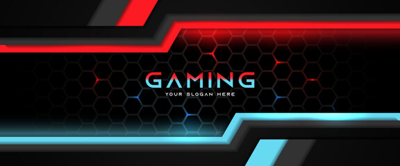 Poster - Futuristic red and blue abstract gaming banner design template with metal technology concept. Vector illustration for business corporate promotion, game header social media, live streaming background