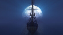 Old Ship In Sea Full Moon Illustration