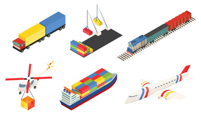 Element of Global logistics network. illustration. Different type of transport. Air cargo plane, rail transportation on train, maritime shipping large ships, truk and port with container