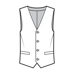 Wall Mural - Lapelled vest waistcoat technical fashion illustration with sleeveless, notched shawl collar, button-up closure, pockets. Flat template front, white color style. Women, men, unisex top CAD mockup