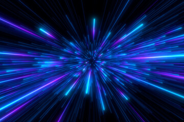 Abstract background in blue and purple neon glow colors. Speed of light in galaxy. Explosion in universe. Cosmic background for event, party, carnival, celebration, anniversary or other. 3D rendering.