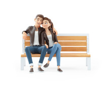 3d Cartoon Couple In Love Sitting On Public Bench