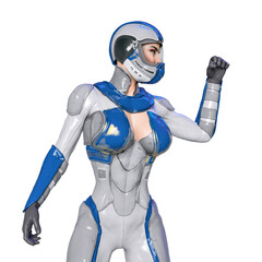 comic woman in a sci fi outfit looking to the side